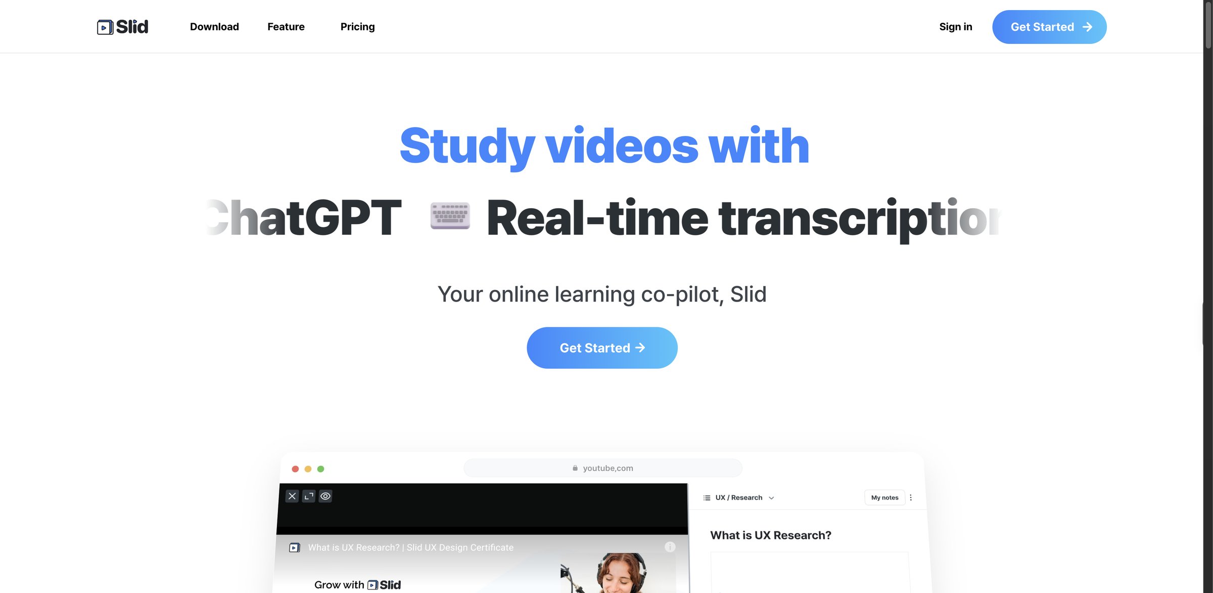 Slid homepage: study videos with ChatGPT and real-time transcription