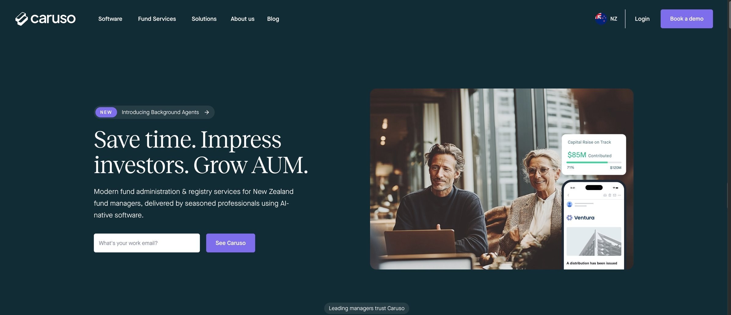 Caruso homepage: Save time. Impress investors. Grow AUM.