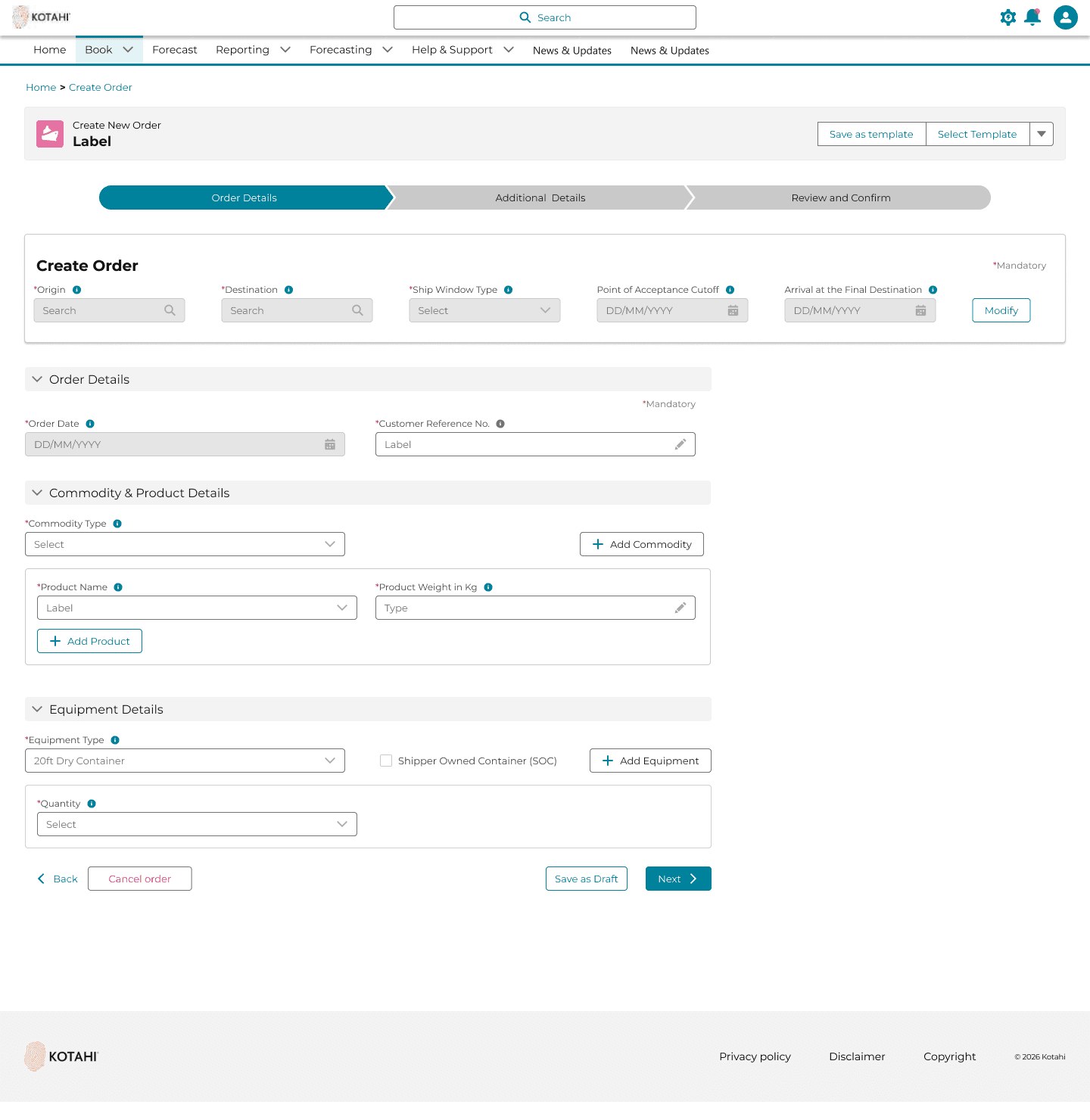 Create Order form reefer container logic