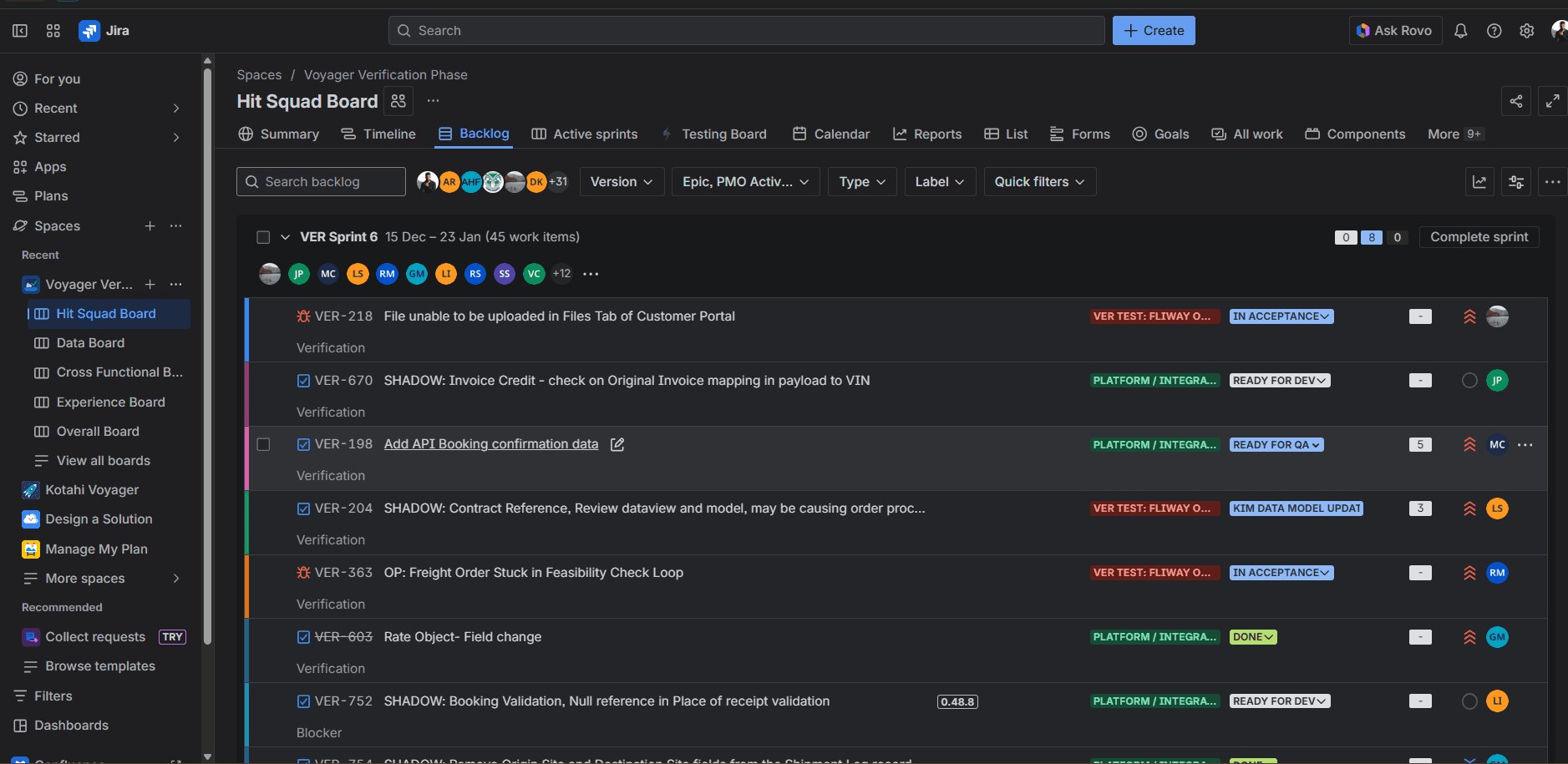 Jira board used to track programme progress