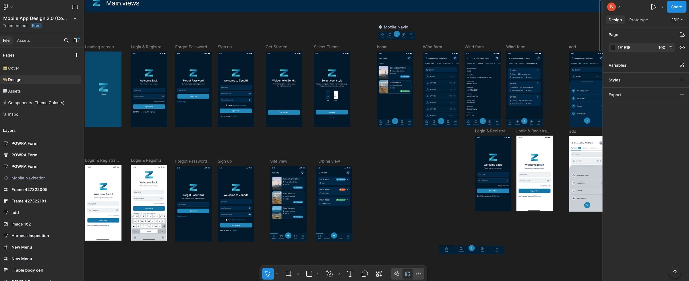 Figma: field-app login, home, wind farm and turbine screens laid out as flows