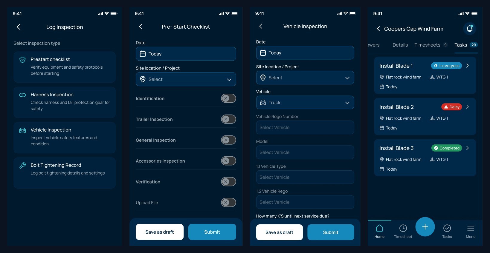 Field app: log inspection, pre-start checklist, vehicle inspection and tasks
