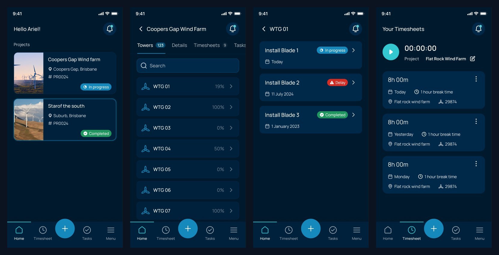 Zendit field app: home, wind farm, turbine view and timesheet