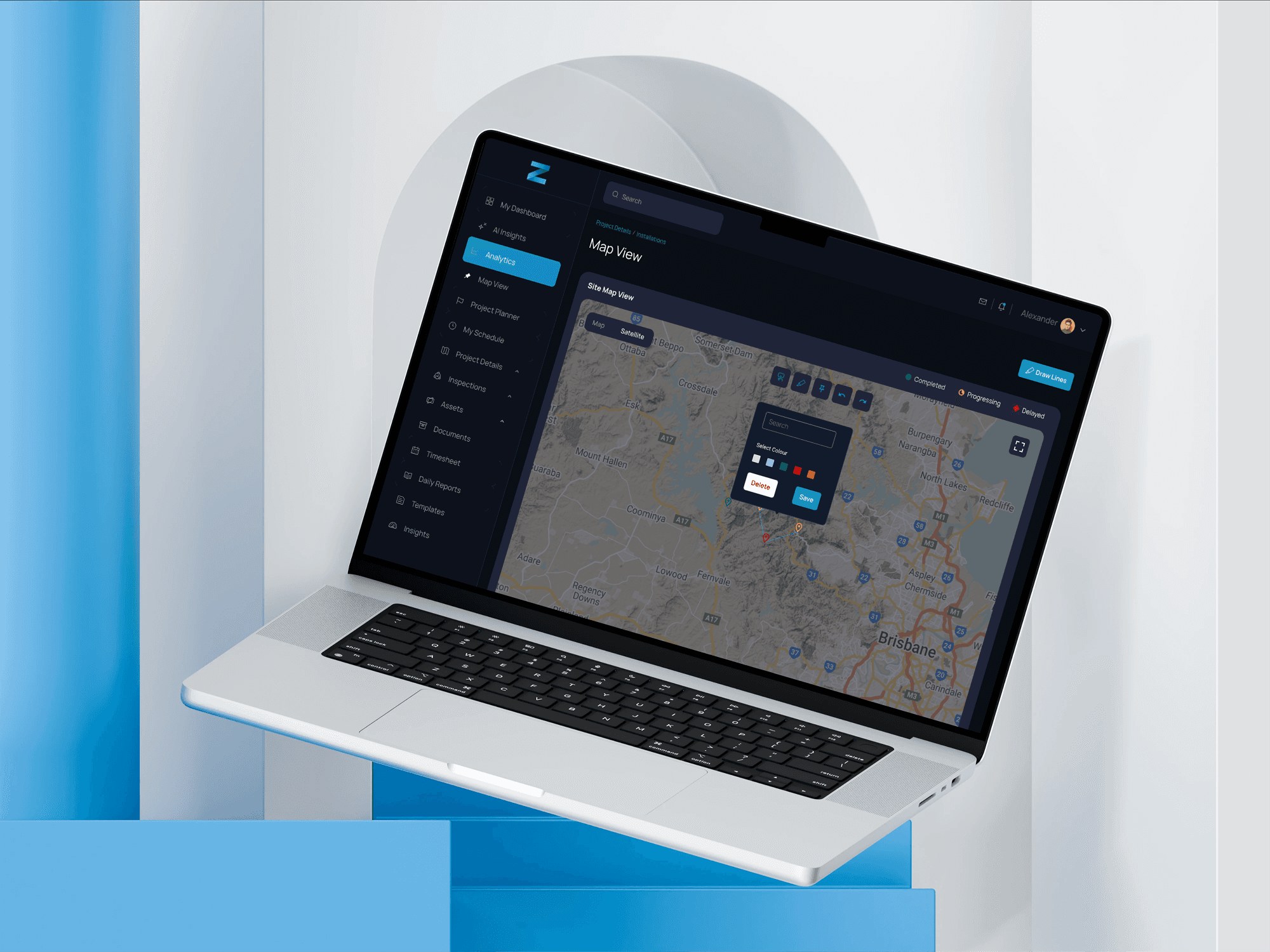 Zendit on a laptop: site map view of the construction portal