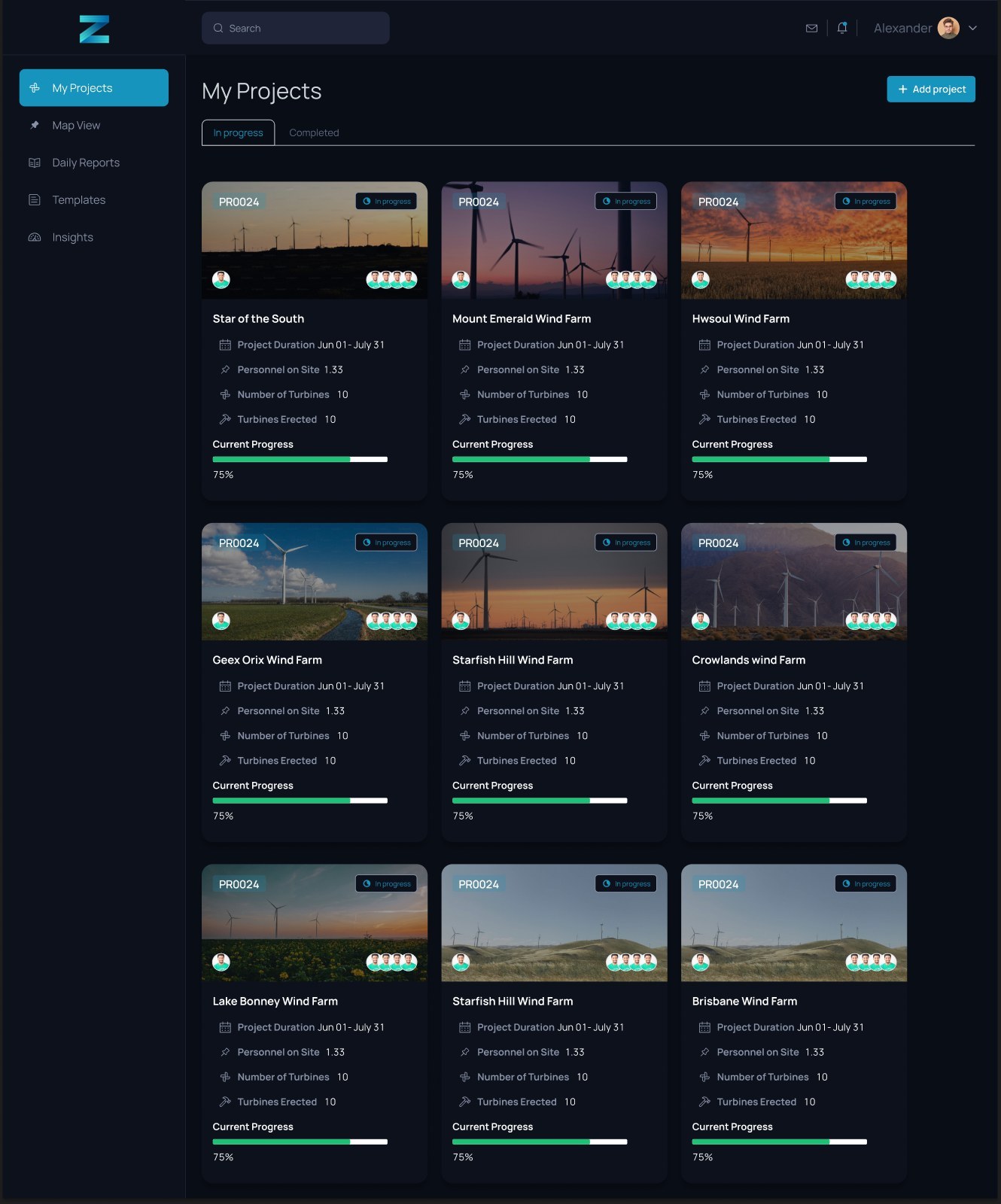 My Projects: wind-farm cards with progress, duration and people on site
