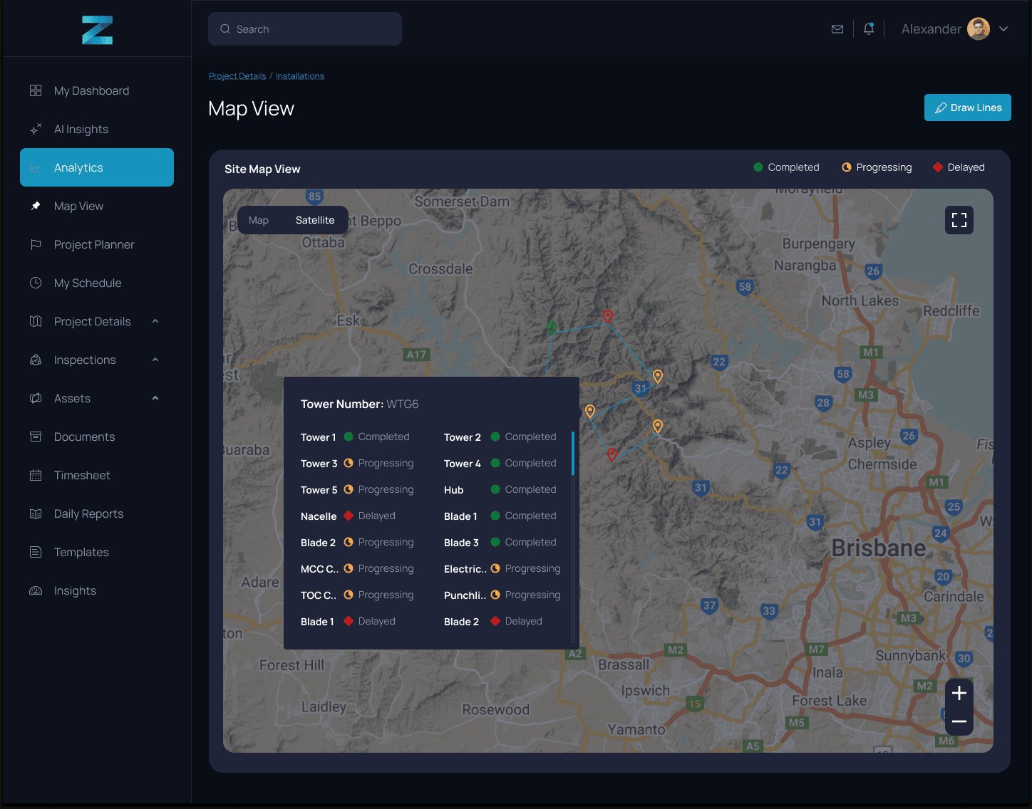 Map view: tower WTG6 with component status completed, progressing or delayed